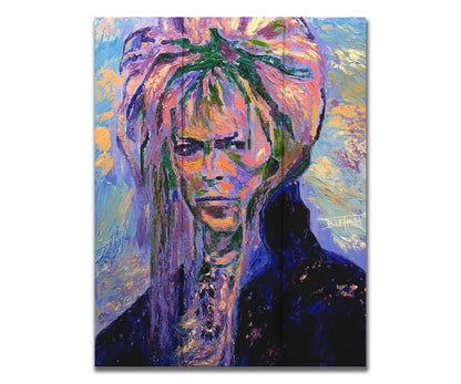 A painting of '70s musician David Bowie, created with visible brushstrokes and thick paint textures with a cool color palette. Printed on a box board.