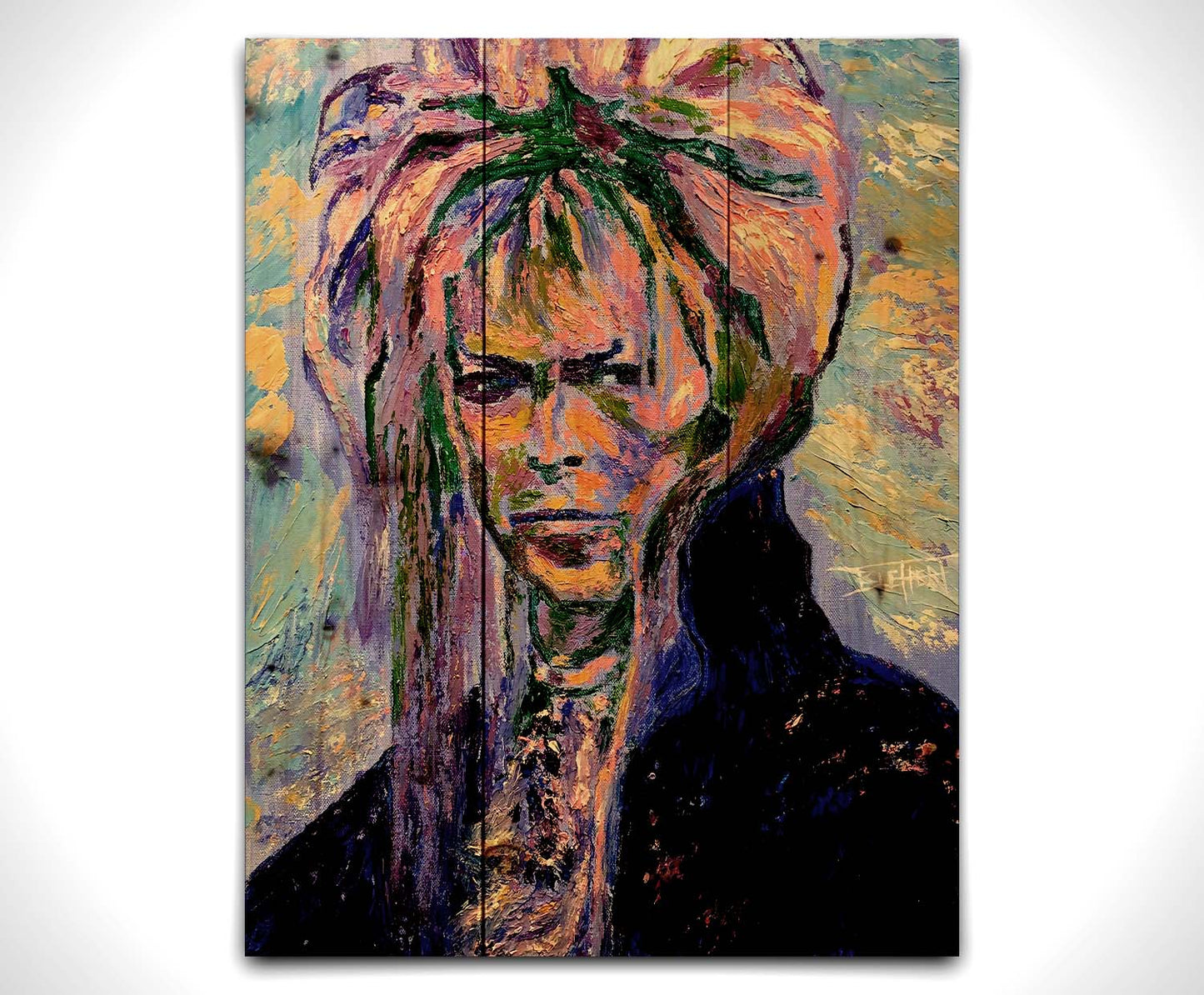 A painting of '70s musician David Bowie, created with visible brushstrokes and thick paint textures with a cool color palette. Printed on a wood pallet.