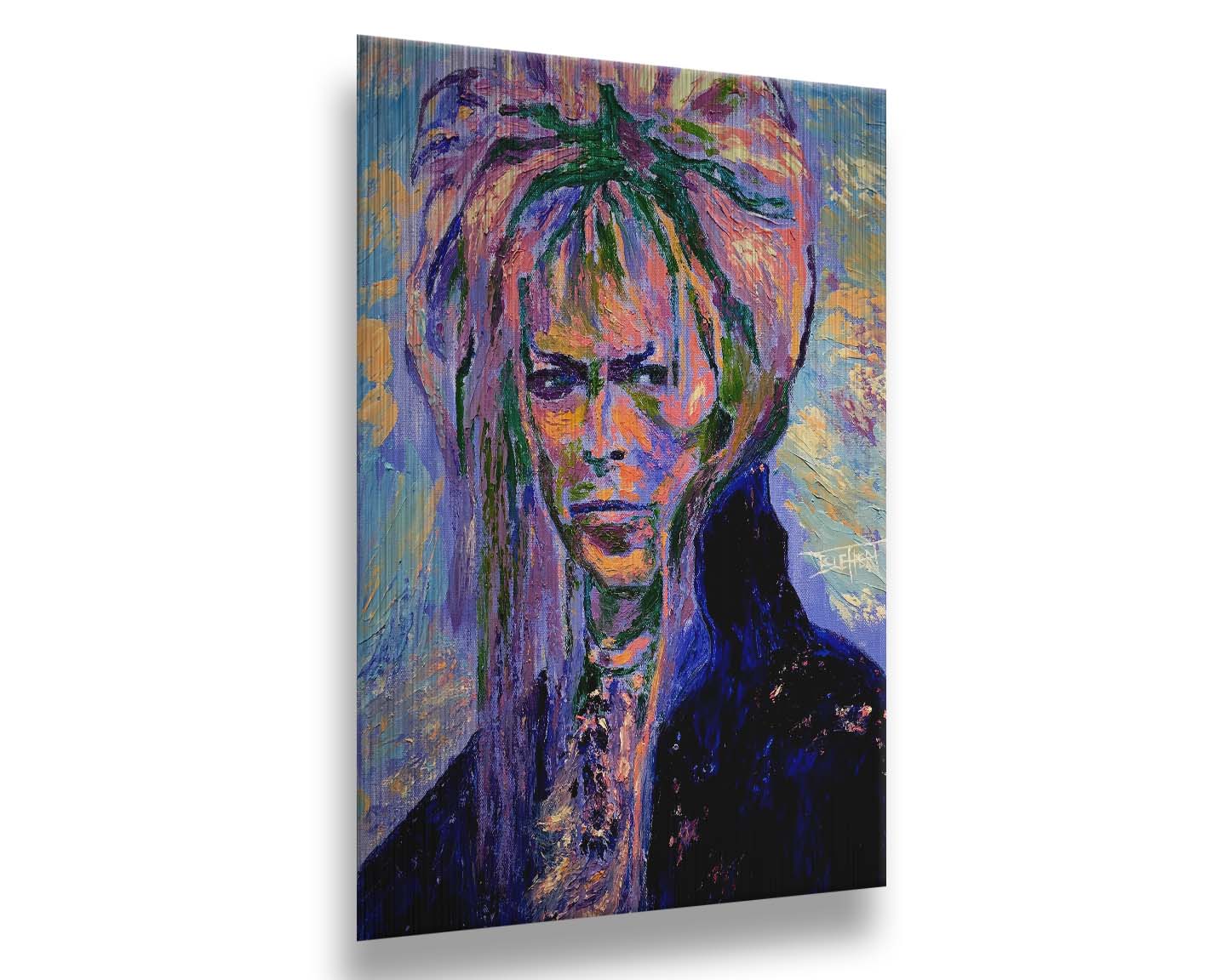 A painting of '70s musician David Bowie, created with visible brushstrokes and thick paint textures with a cool color palette. Printed on metal.