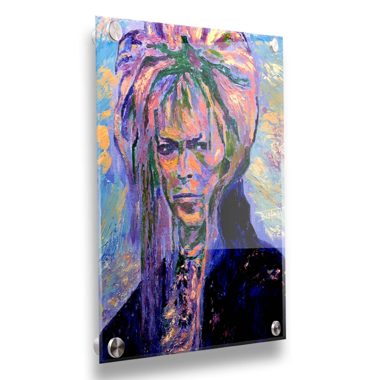 A painting of '70s musician David Bowie, created with visible brushstrokes and thick paint textures with a cool color palette. Printed on acrylic.