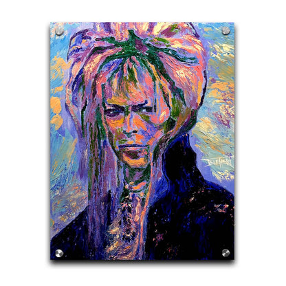 A painting of '70s musician David Bowie, created with visible brushstrokes and thick paint textures with a cool color palette. Printed on acrylic.