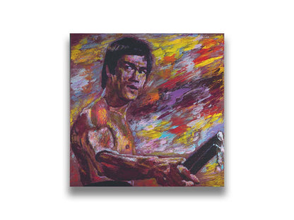 A painting of martial artist and actor Bruce Lee, holding nunchaku. It is painted with visible palette knife and brushstrokes in a palette primarily consisting of purples and reds. Printed on canvas.