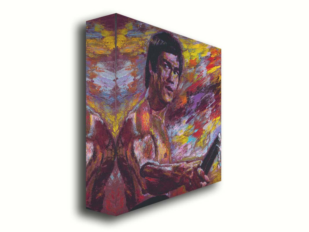 A painting of martial artist and actor Bruce Lee, holding nunchaku. It is painted with visible palette knife and brushstrokes in a palette primarily consisting of purples and reds. Printed on canvas.