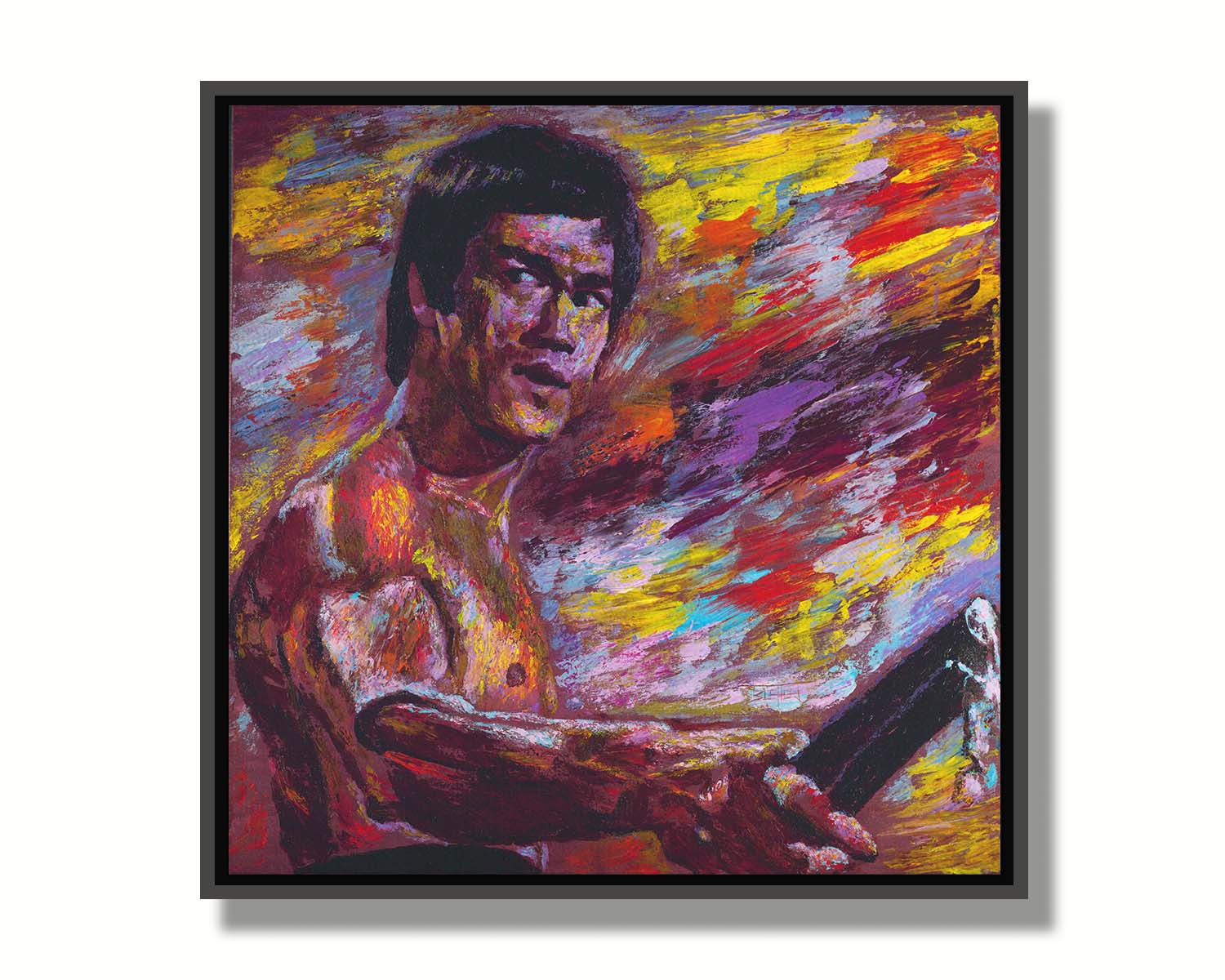 A painting of martial artist and actor Bruce Lee, holding nunchaku. It is painted with visible palette knife and brushstrokes in a palette primarily consisting of purples and reds. Printed on canvas in a float frame.