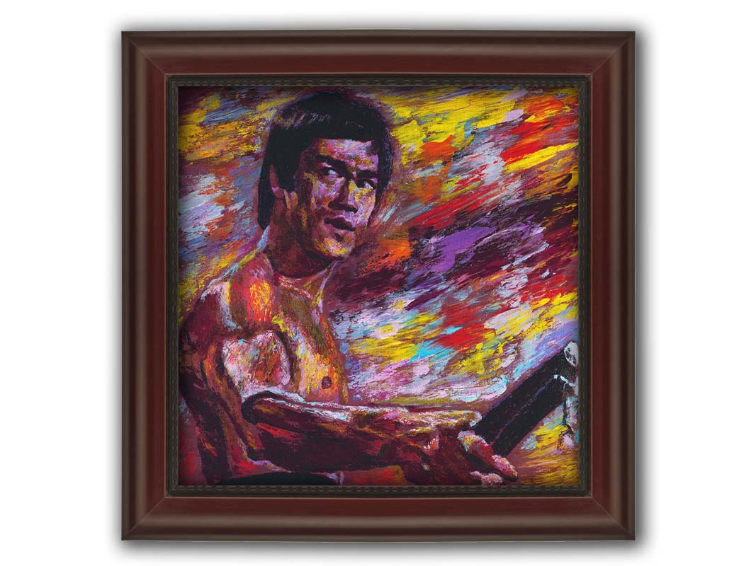 A painting of martial artist and actor Bruce Lee, holding nunchaku. It is painted with visible palette knife and brushstrokes in a palette primarily consisting of purples and reds. Printed on canvas and framed.