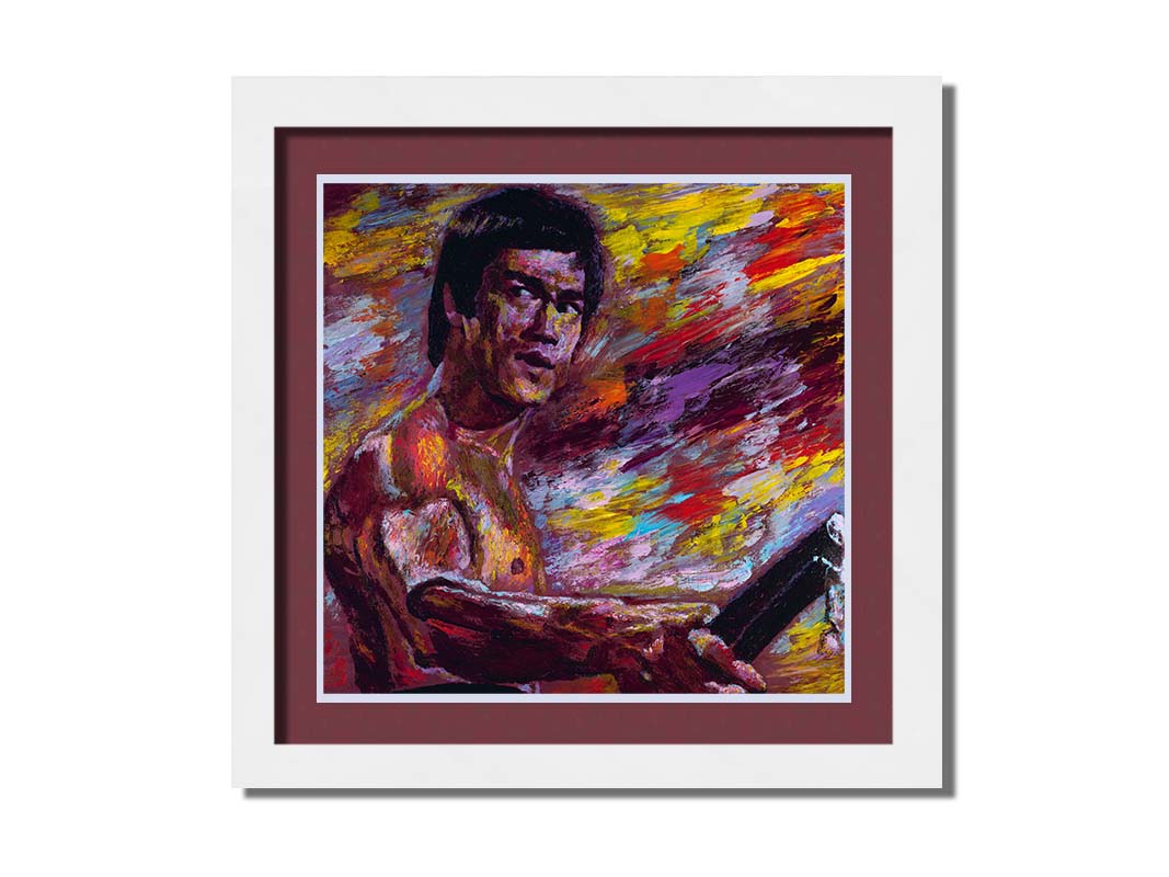 A painting of martial artist and actor Bruce Lee, holding nunchaku. It is painted with visible palette knife and brushstrokes in a palette primarily consisting of purples and reds. Printed on paper, matted, and framed.