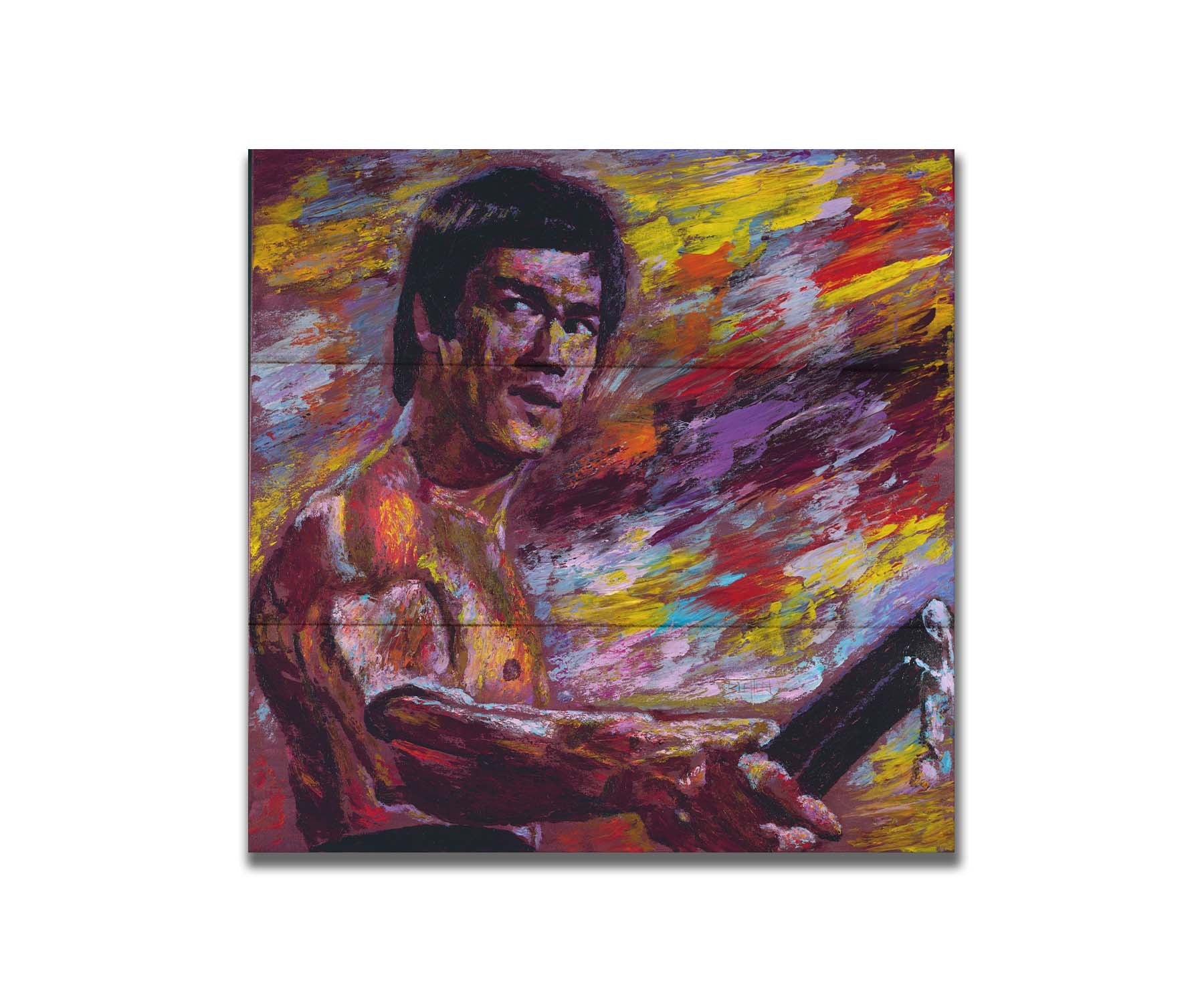 A painting of martial artist and actor Bruce Lee, holding nunchaku. It is painted with visible palette knife and brushstrokes in a palette primarily consisting of purples and reds. Printed on a box board.