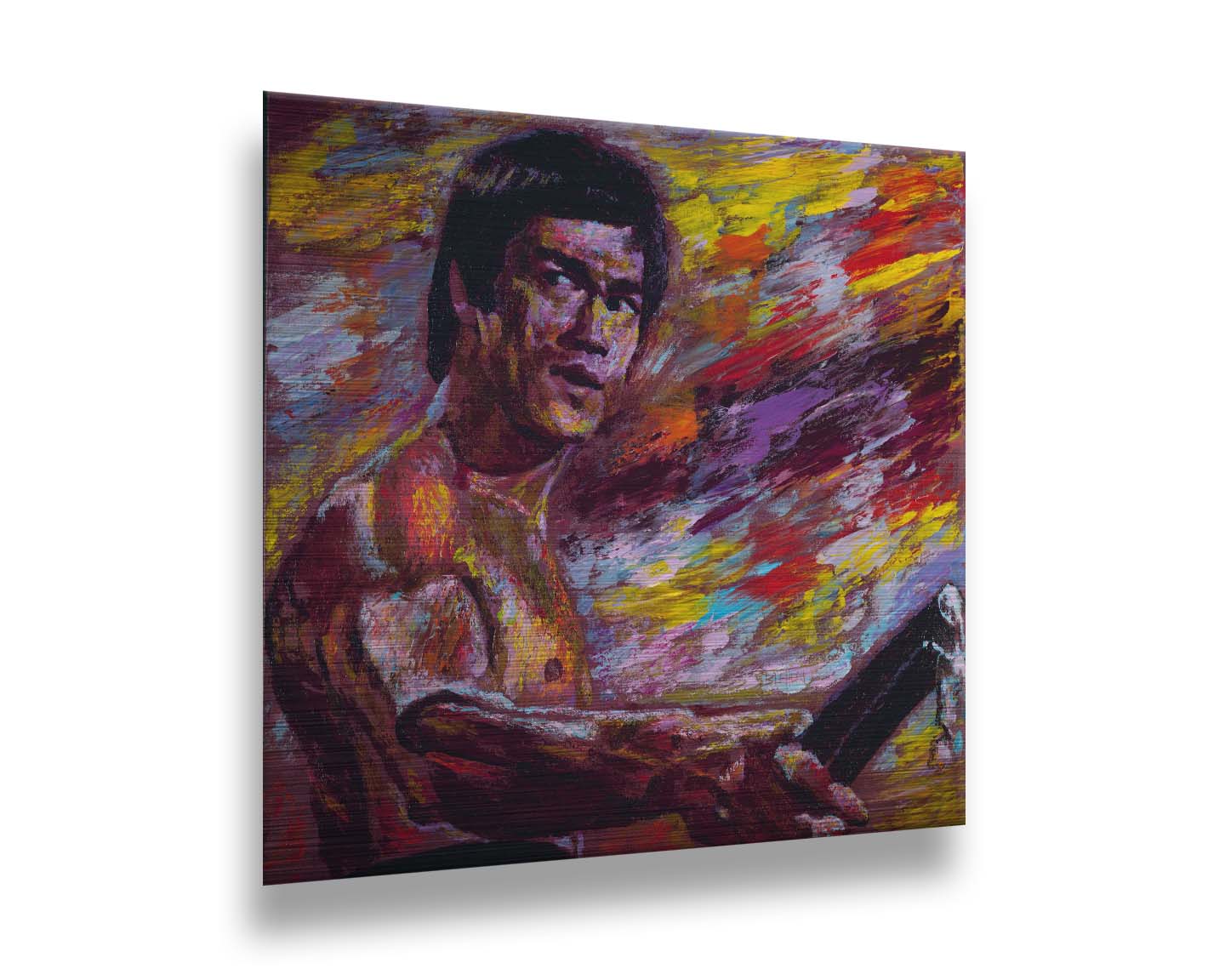 A painting of martial artist and actor Bruce Lee, holding nunchaku. It is painted with visible palette knife and brushstrokes in a palette primarily consisting of purples and reds. Printed on metal.