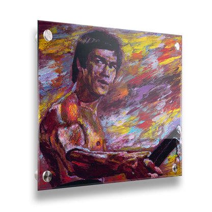 A painting of martial artist and actor Bruce Lee, holding nunchaku. It is painted with visible palette knife and brushstrokes in a palette primarily consisting of purples and reds. Printed on acrylic.