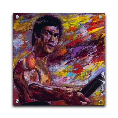 A painting of martial artist and actor Bruce Lee, holding nunchaku. It is painted with visible palette knife and brushstrokes in a palette primarily consisting of purples and reds. Printed on acrylic.