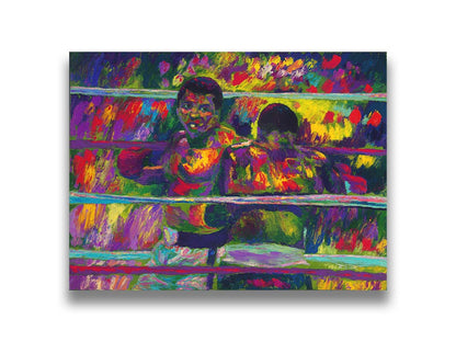 A painting of a boxing match beteween Muhammad Ali and Joe Frazier, a famous rivalry in boxing history. Printed on canvas.