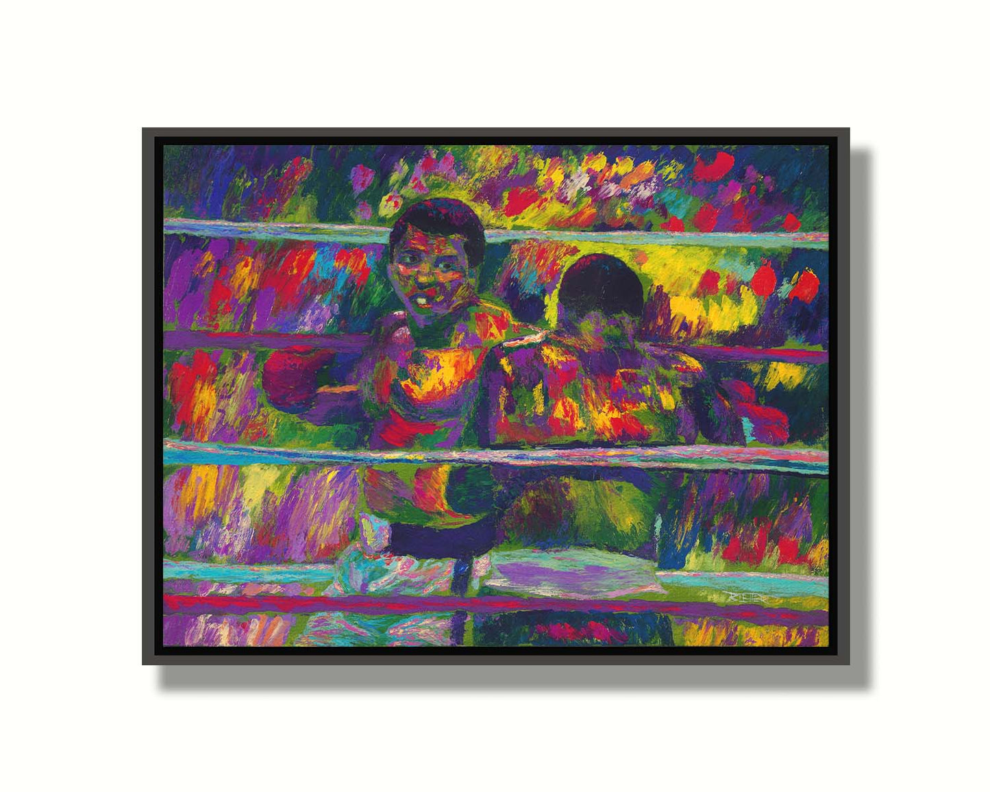 A painting of a boxing match beteween Muhammad Ali and Joe Frazier, a famous rivalry in boxing history. Printed on canvas in a float frame.