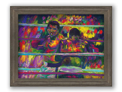 A painting of a boxing match beteween Muhammad Ali and Joe Frazier, a famous rivalry in boxing history. Printed on canvas and framed.