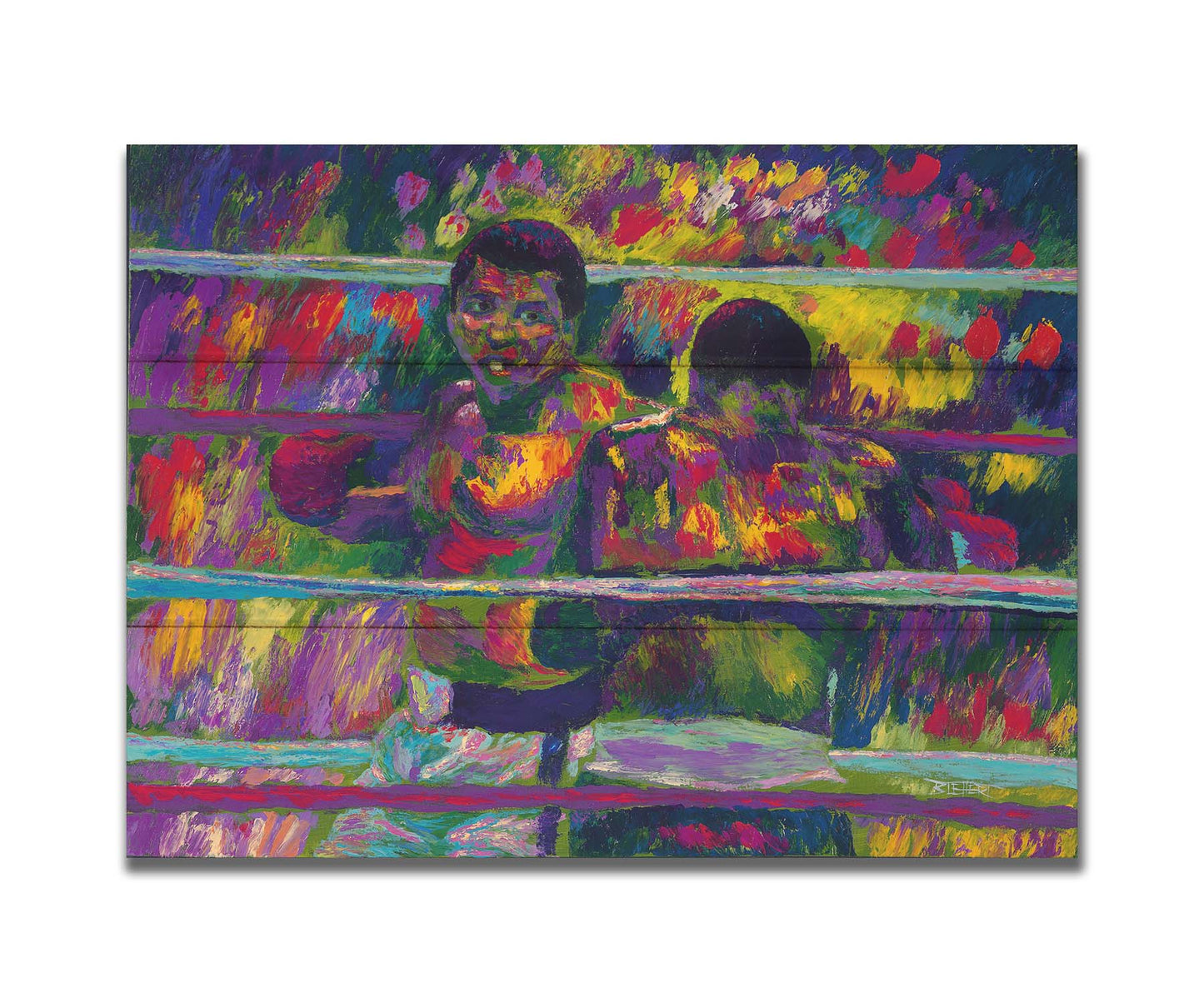 A painting of a boxing match beteween Muhammad Ali and Joe Frazier, a famous rivalry in boxing history. Printed on a box board.