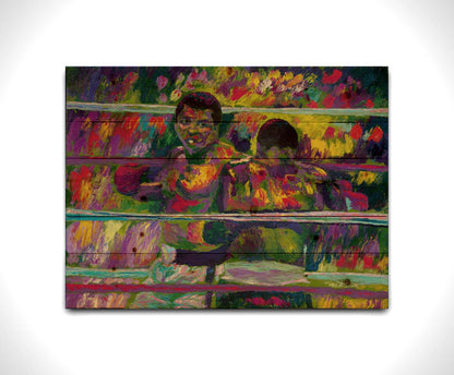 A painting of a boxing match beteween Muhammad Ali and Joe Frazier, a famous rivalry in boxing history. Printed on a wood pallet.