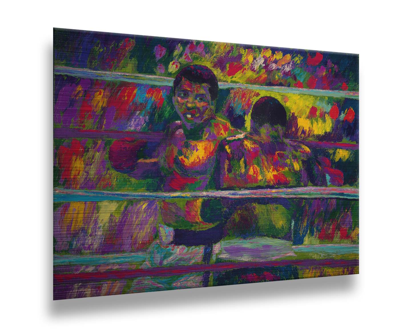 A painting of a boxing match beteween Muhammad Ali and Joe Frazier, a famous rivalry in boxing history. Printed on metal.