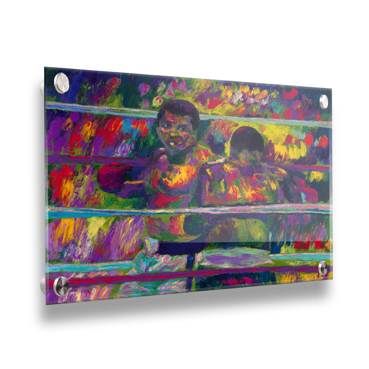 A painting of a boxing match beteween Muhammad Ali and Joe Frazier, a famous rivalry in boxing history. Printed on acrylic.