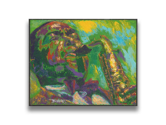 A painting of jazz musician Charlie Parker, especially known for his contributions to bebop, playing his iconic alto saxophone. Printed on canvas.