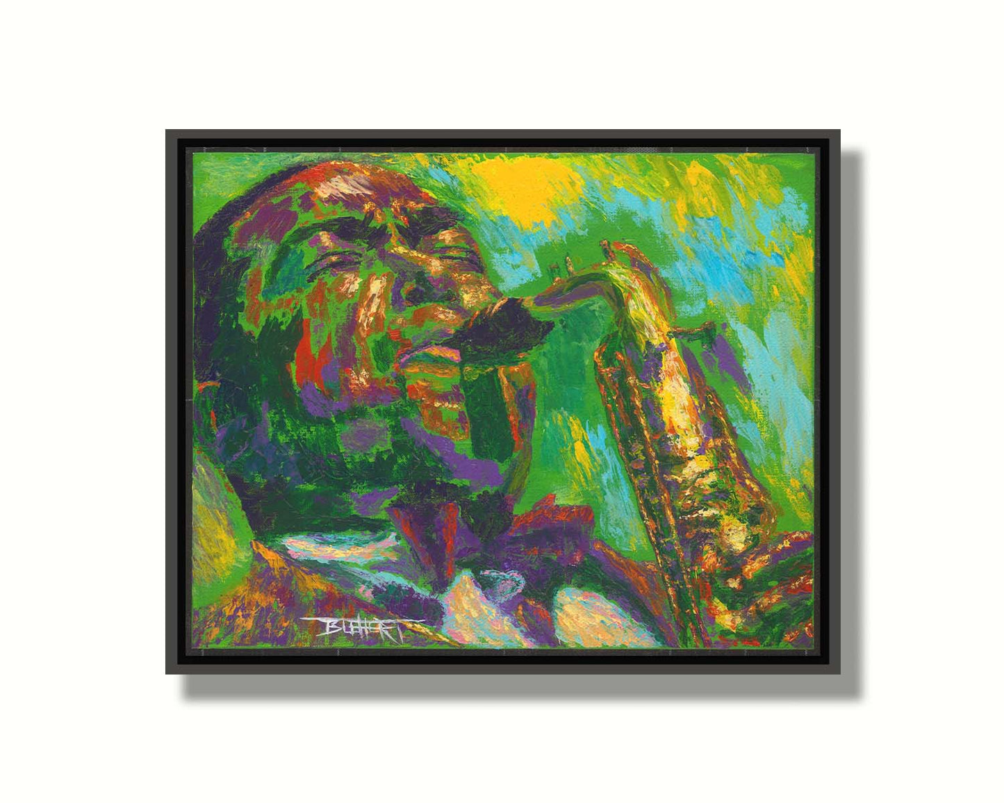 A painting of jazz musician Charlie Parker, especially known for his contributions to bebop, playing his iconic alto saxophone. Printed on canvas in a float frame.