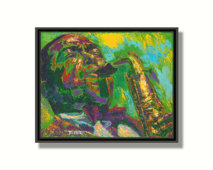 A painting of jazz musician Charlie Parker, especially known for his contributions to bebop, playing his iconic alto saxophone. Printed on canvas in a float frame.