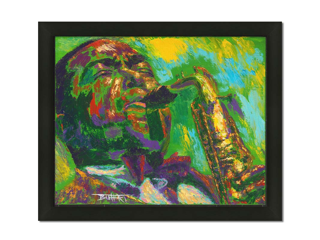 A painting of jazz musician Charlie Parker, especially known for his contributions to bebop, playing his iconic alto saxophone. Printed on canvas and framed.