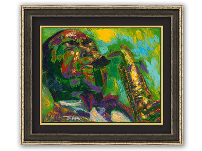 A painting of jazz musician Charlie Parker, especially known for his contributions to bebop, playing his iconic alto saxophone. Printed on paper, matted, and framed.