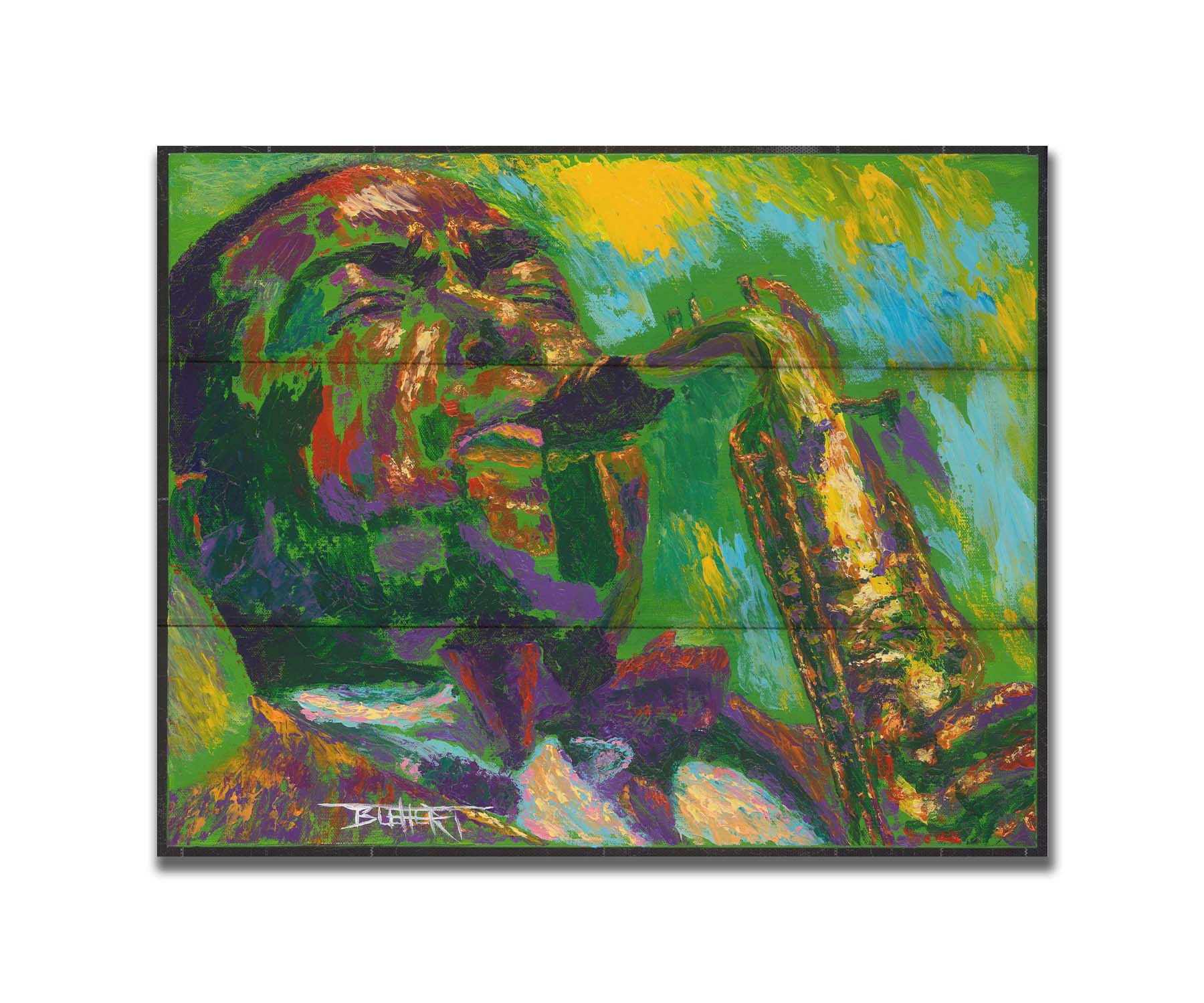 A painting of jazz musician Charlie Parker, especially known for his contributions to bebop, playing his iconic alto saxophone. Printed on a box board.