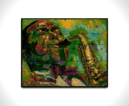 A painting of jazz musician Charlie Parker, especially known for his contributions to bebop, playing his iconic alto saxophone. Printed on a wood pallet.