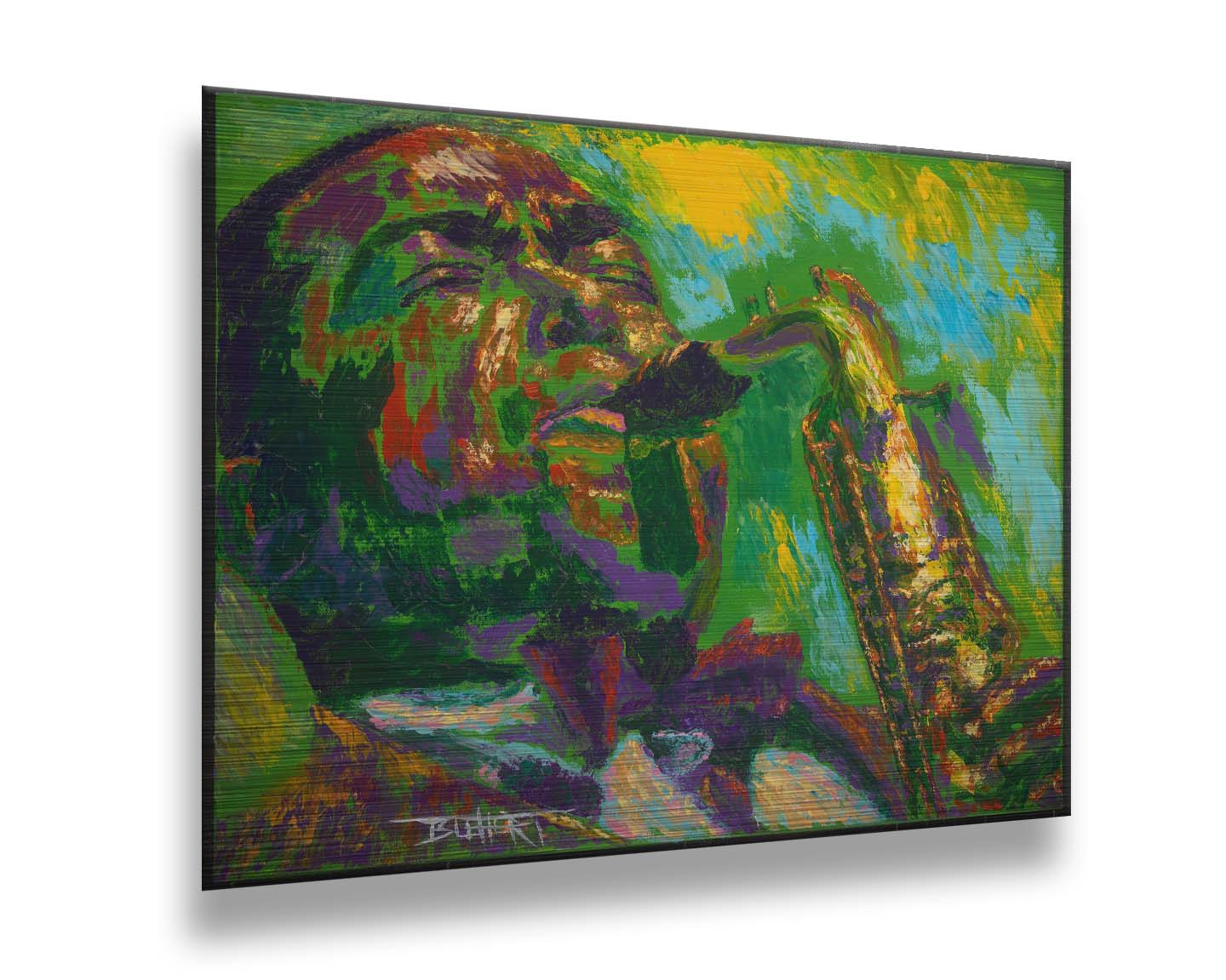 A painting of jazz musician Charlie Parker, especially known for his contributions to bebop, playing his iconic alto saxophone. Printed on metal.