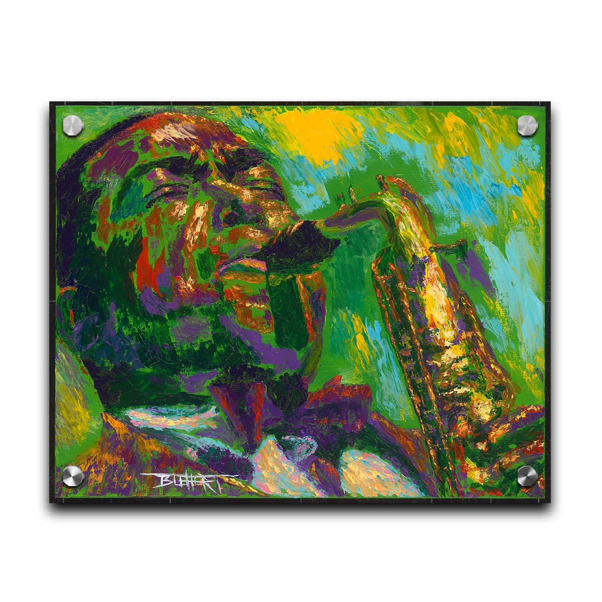 A painting of jazz musician Charlie Parker, especially known for his contributions to bebop, playing his iconic alto saxophone. Printed on acrylic.