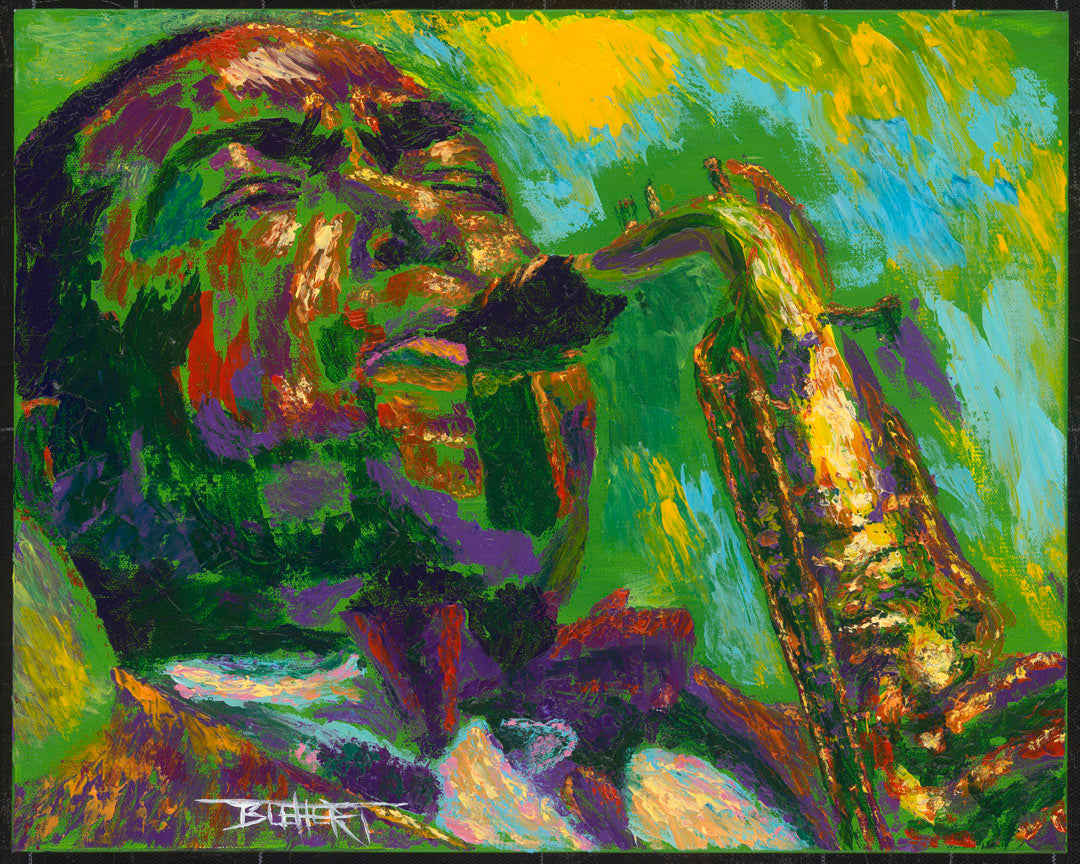 A painting of jazz musician Charlie Parker, especially known for his contributions to bebop, playing his iconic alto saxophone.