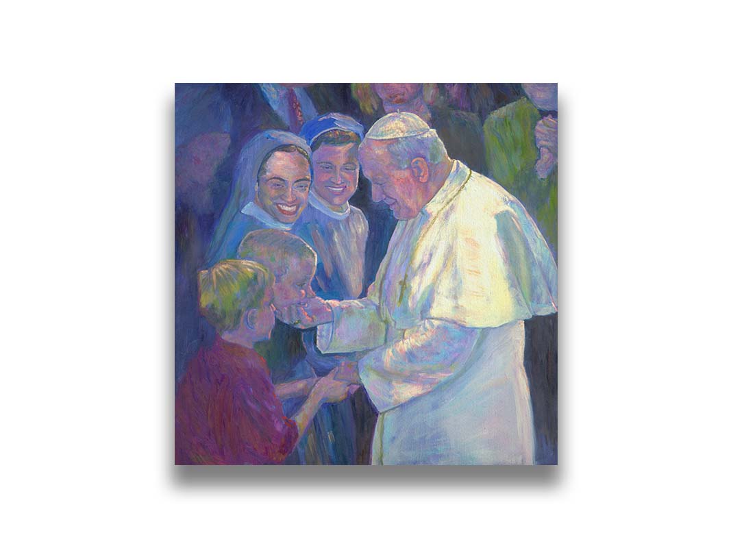 A painting of Pope John Paul II shaking the hands of children in a crowd. Printed on canvas.