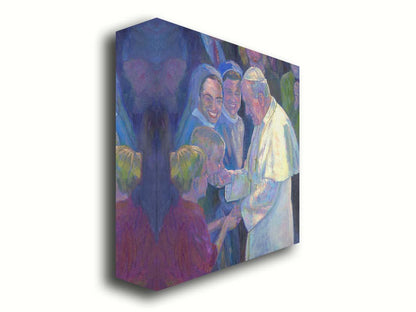 A painting of Pope John Paul II shaking the hands of children in a crowd. Printed on canvas.