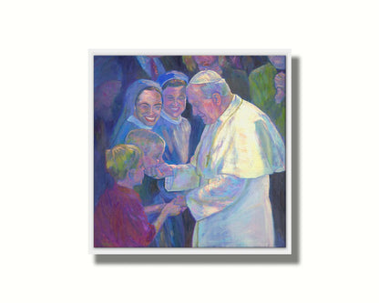 A painting of Pope John Paul II shaking the hands of children in a crowd. Printed on canvas in a float frame.