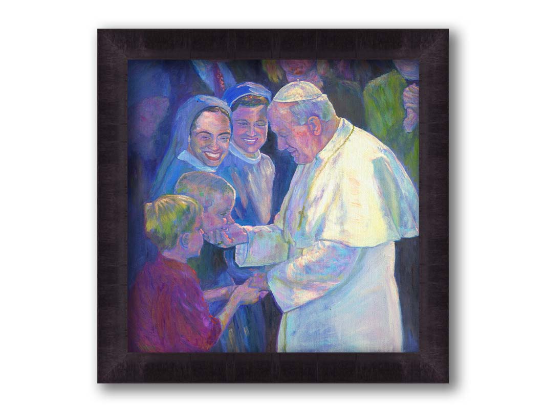 A painting of Pope John Paul II shaking the hands of children in a crowd. Printed on canvas and framed.