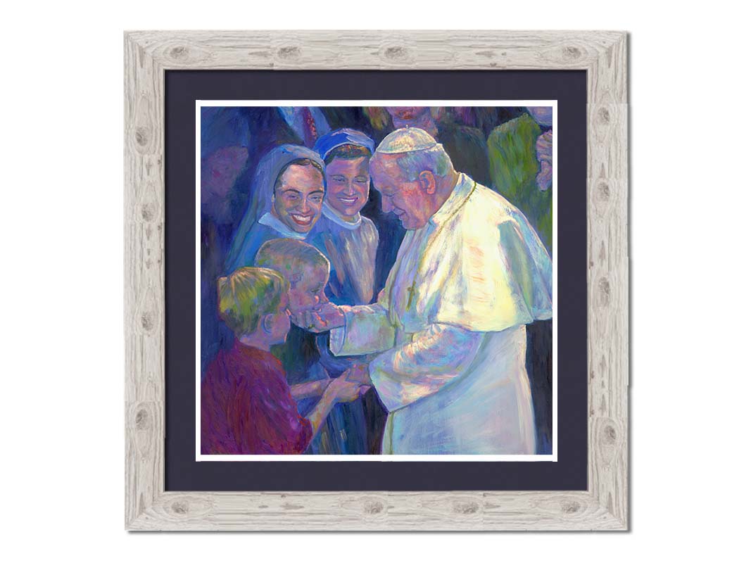 A painting of Pope John Paul II shaking the hands of children in a crowd. Printed on paper, matted, and framed.