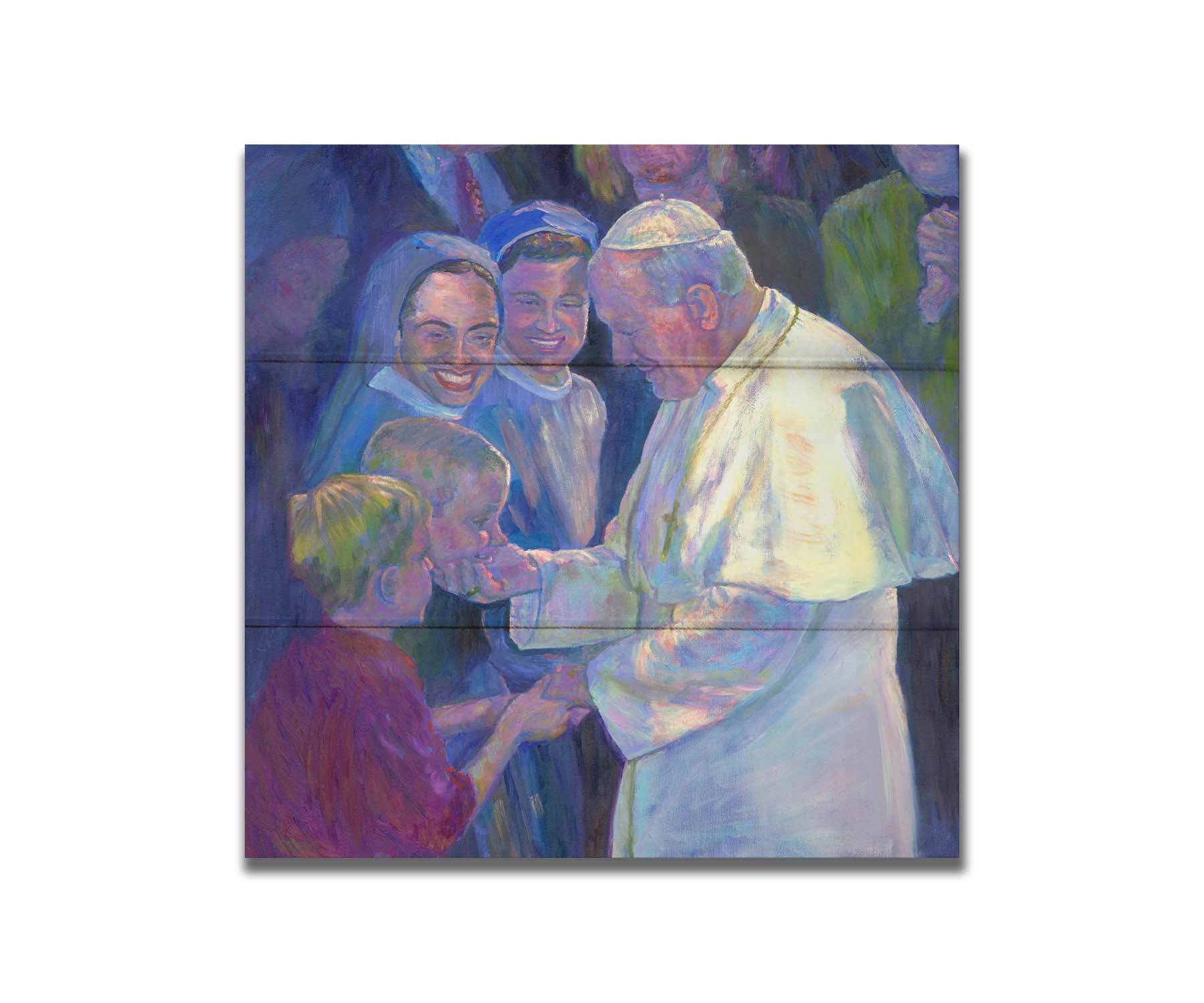 A painting of Pope John Paul II shaking the hands of children in a crowd. Printed on a box board.