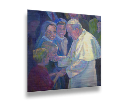 A painting of Pope John Paul II shaking the hands of children in a crowd. Printed on metal.