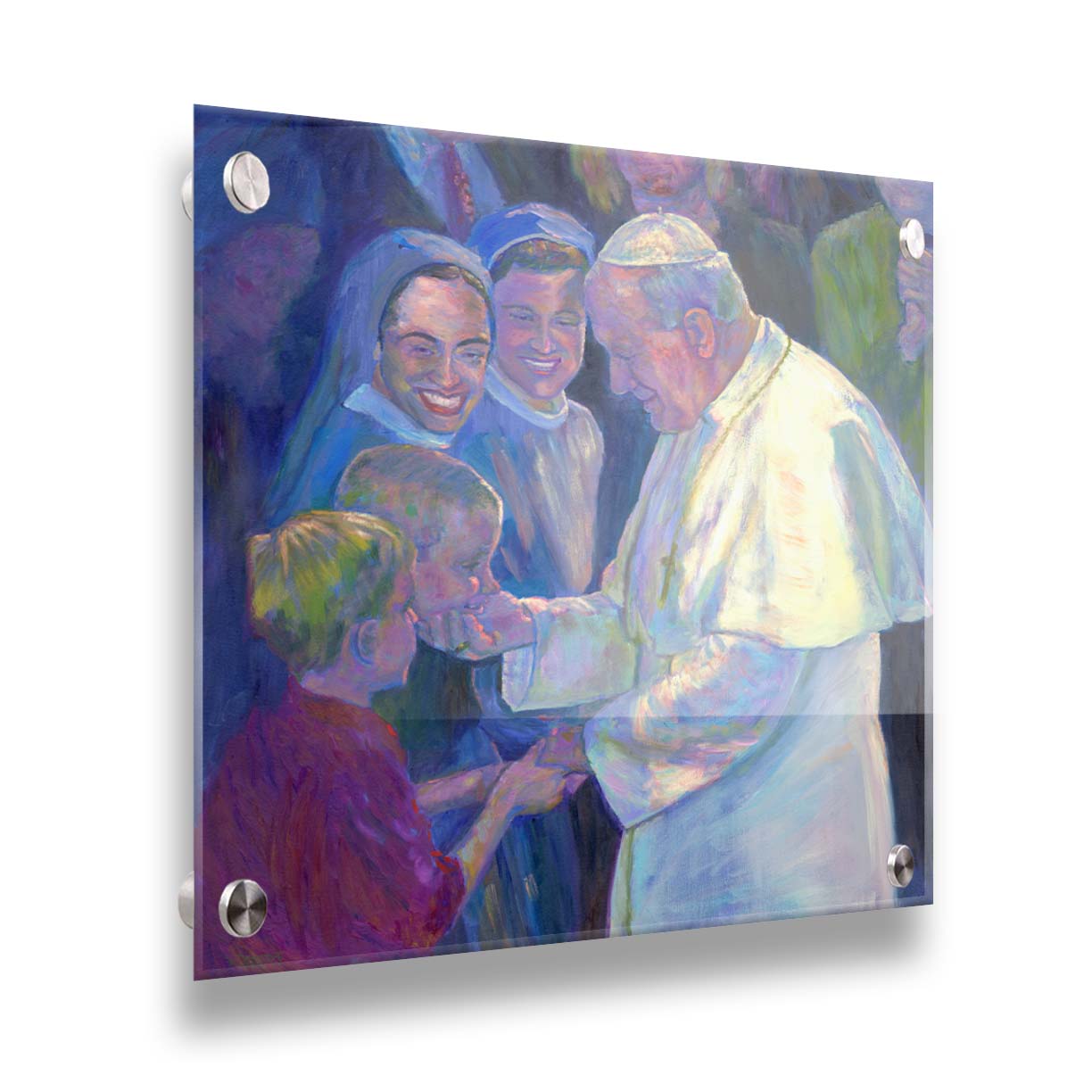 A painting of Pope John Paul II shaking the hands of children in a crowd. Printed on acrylic.