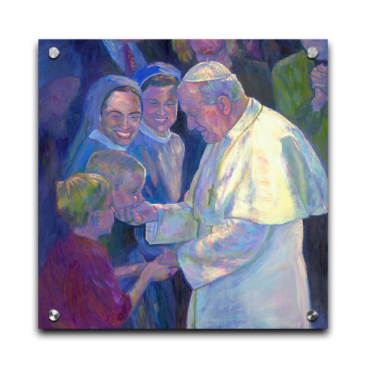 A painting of Pope John Paul II shaking the hands of children in a crowd. Printed on acrylic.