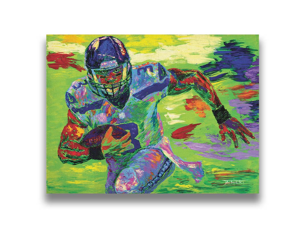 A painting of Seattle Seahawks' quarterback Russell Wilson running the football down the field. Printed on canvas.