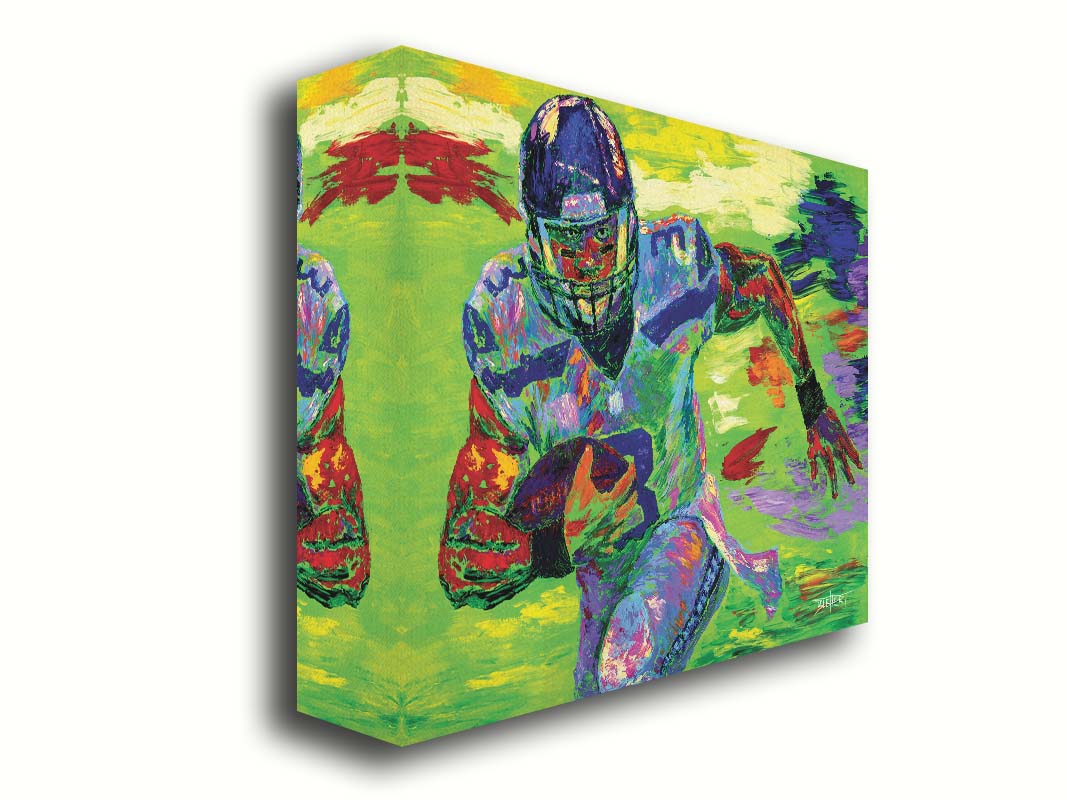 A painting of Seattle Seahawks' quarterback Russell Wilson running the football down the field. Printed on canvas.