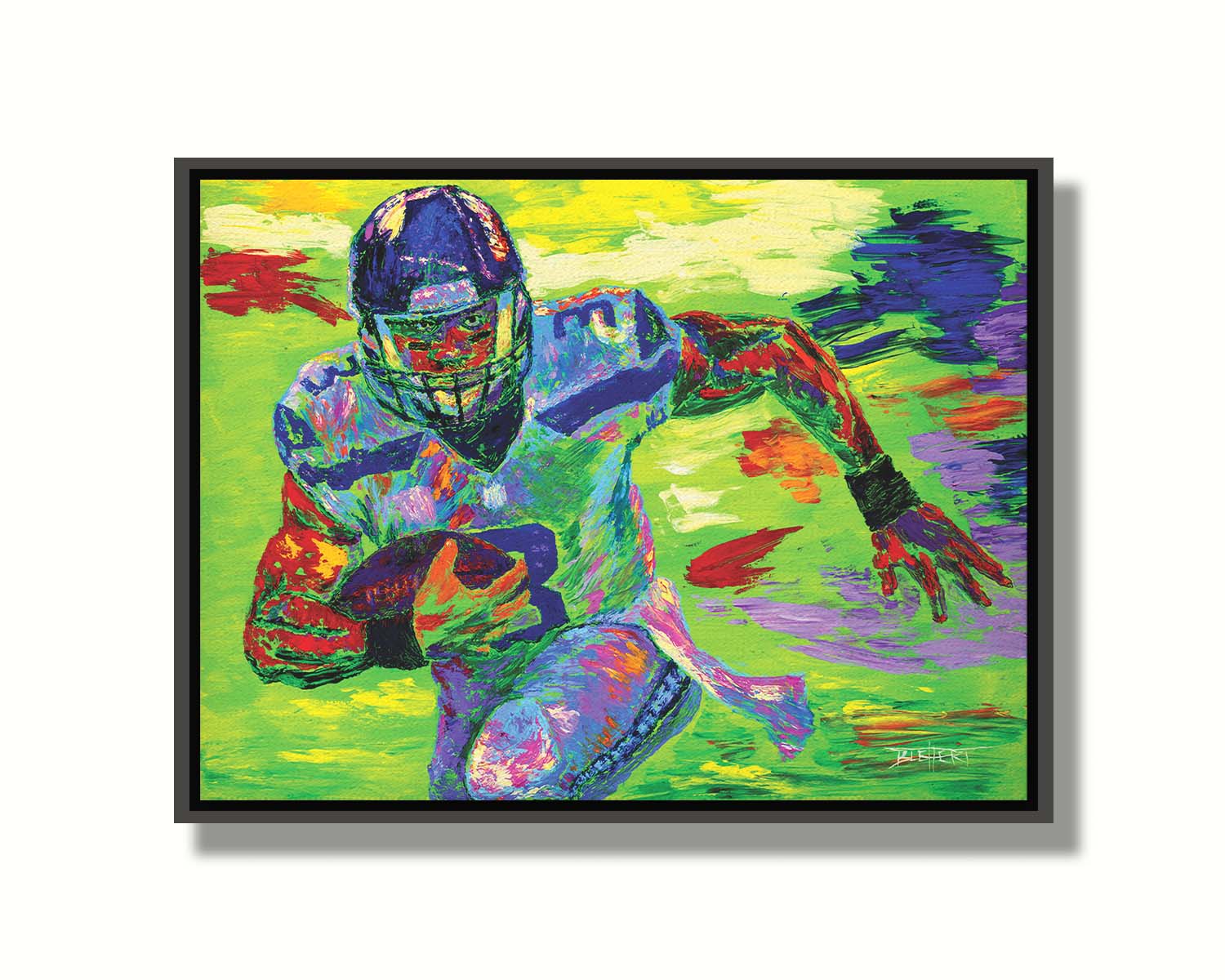 A painting of Seattle Seahawks' quarterback Russell Wilson running the football down the field. Printed on canvas in a float frame.