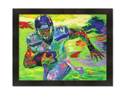 A painting of Seattle Seahawks' quarterback Russell Wilson running the football down the field. Printed on canvas and framed.