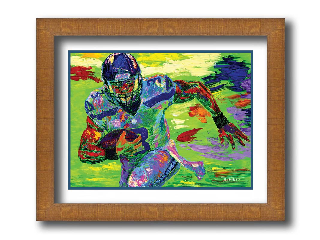 A painting of Seattle Seahawks' quarterback Russell Wilson running the football down the field. Printed on paper, matted, and framed.