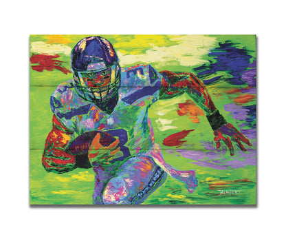 A painting of Seattle Seahawks' quarterback Russell Wilson running the football down the field. Printed on a box board.