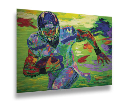 A painting of Seattle Seahawks' quarterback Russell Wilson running the football down the field. Printed on metal.