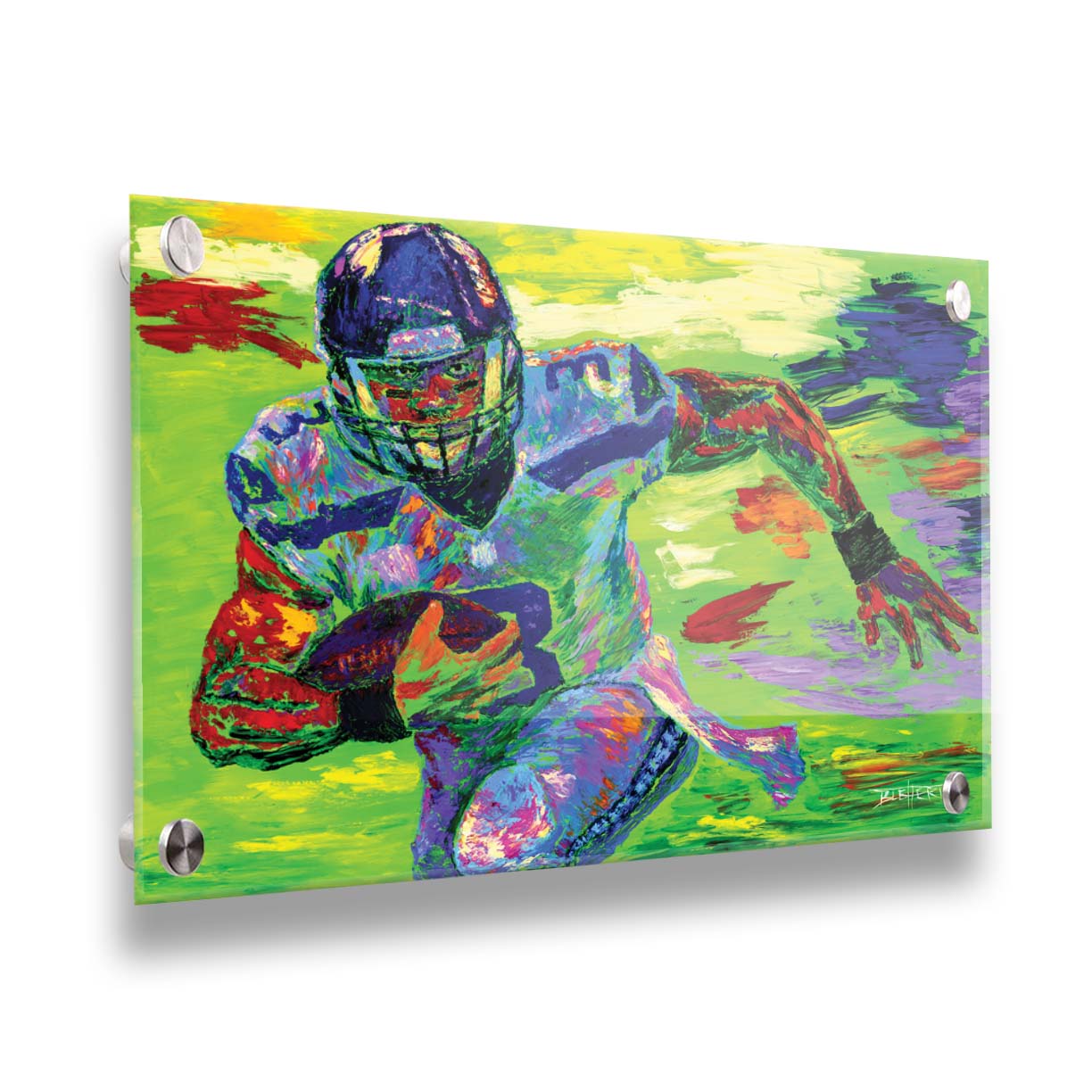 A painting of Seattle Seahawks' quarterback Russell Wilson running the football down the field. Printed on acrylic.