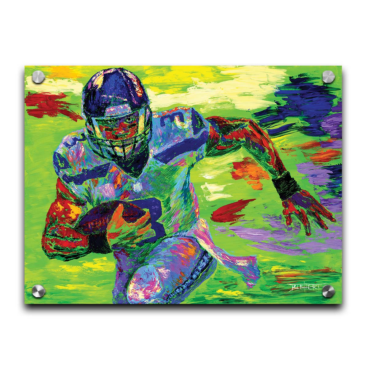 A painting of Seattle Seahawks' quarterback Russell Wilson running the football down the field. Printed on acrylic.