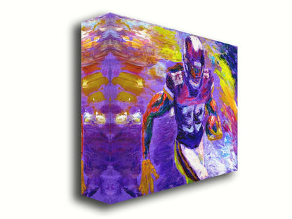 A painting of Minnesota Vikings football player Dalvin Cook, running with a football. It's painted in a palette based on the Minnesota Viking colors of purple and yellow. Printed on canvas.